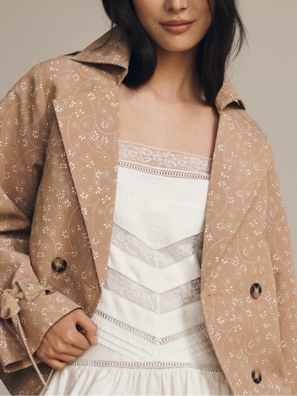 Anthropologie Floral Cutwork Cropped Trench Jacket